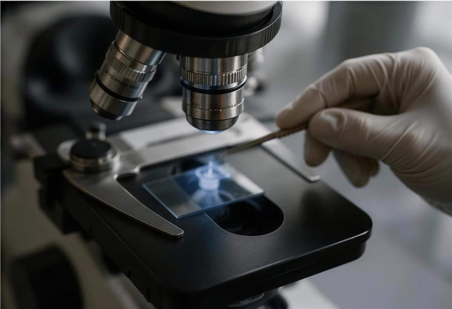 A laboratory microscope examining a sample