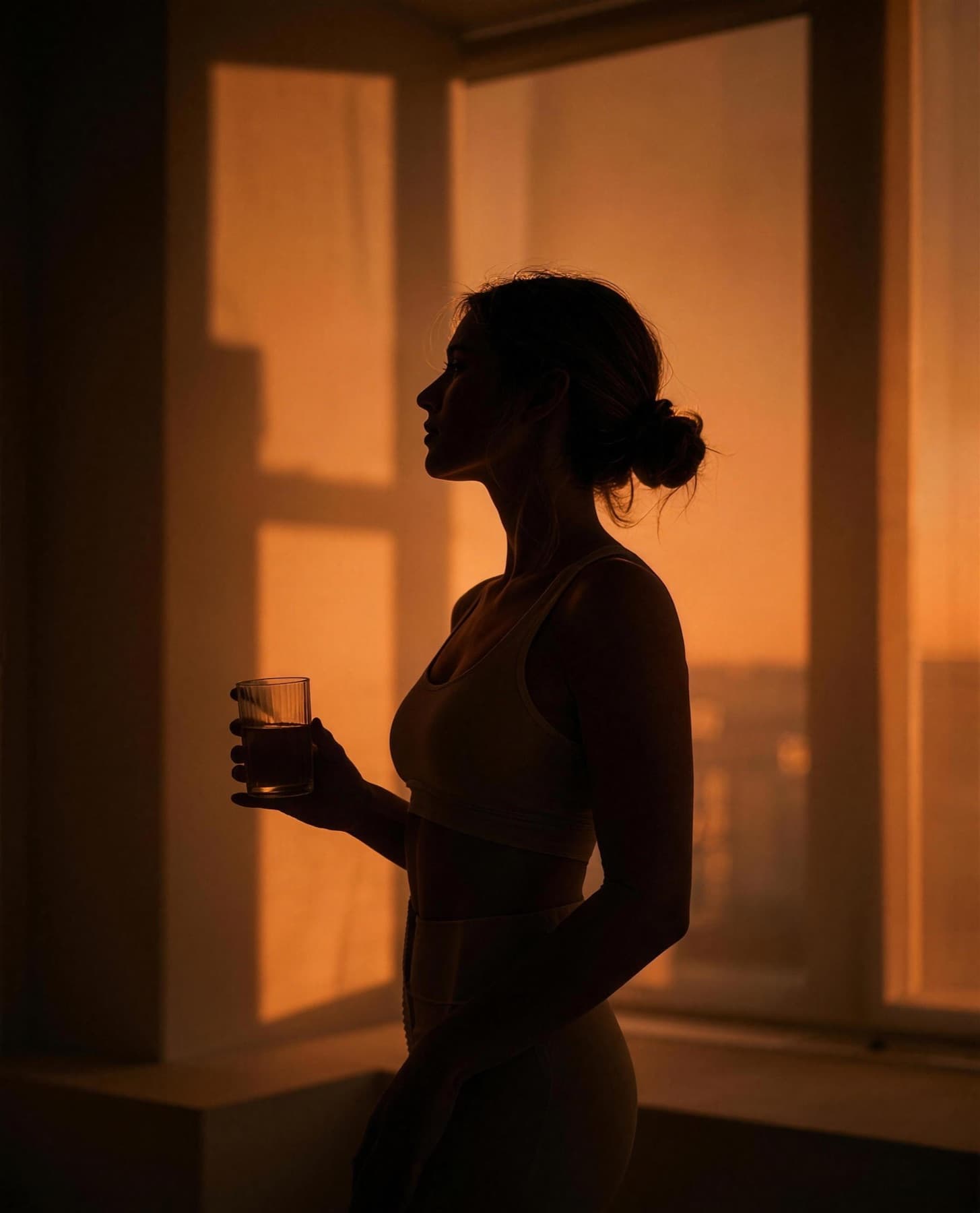 A person holding a wellness drink in warm evening light